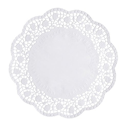 Die PAPSTAR 250 Tortenspitzen rund weiss der PAPSTAR GmbH bestehen aus runden weißen Papierdeckchen mit gewellten Rändern und einem spitzenartigen Blumenmuster – perfekt für die stilvolle Präsentation von Torten.