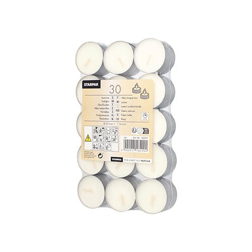 Starpak 30 valkoista tuikkukynttilää (Ø 37 mm, 16 mm) alumiinikuppeissa, turvallisesti muovialustalla kutistekalvoon pakattuna; Etiketti, jossa on tuotetiedot ja ohjeet useilla kielillä päällä.
