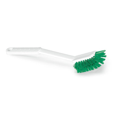 Kuvassa on Nölle Profi Brush HACCP astianpesuharja Diskette harjakset 0,25 mm Nölle Profi Brush Bürsten- & Pinseltechnik e.K.:lta, jossa on valkoinen, kaareva kahva ja jäykät vihreät harjakset yksivärisellä valkoisella taustalla.
