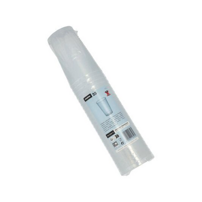 Muovipakkauksessa oleva pakkaus läpinäkyviä, särkymättömiä kertakäyttömukeja, joissa on teksti „Starpak-uudelleenkäytettävä muovimuki (PP) 0,3 l Ø 7,8 cm · 11,8 cm“ sisältää 25 kappaletta. Etiketissä on kierrätyssymboleita ja viivakoodi, ja mukit on pakattu pystysuunnassa.