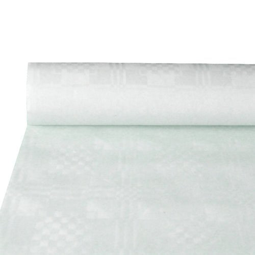 Osittain rullattu rulla PAPSTAR GmbH:n paperipöytäliina, jossa on damastikuviointi, valkoinen (10 m x 1,2 m), korostaa tyylikästä rakennetta – ihanteellinen tyylikkäästi katettuun pöytään. Yksinkertainen tausta ohjaa huomion korkealaatuiseen damastikuviointiin.
