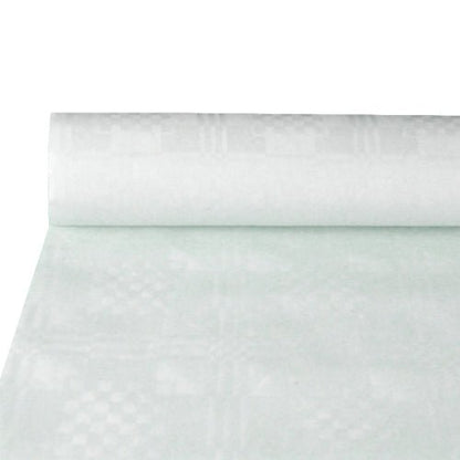 Osittain rullattu rulla PAPSTAR GmbH:n paperipöytäliina, jossa on damastikuviointi, valkoinen (10 m x 1,2 m), korostaa tyylikästä rakennetta – ihanteellinen tyylikkäästi katettuun pöytään. Yksinkertainen tausta ohjaa huomion korkealaatuiseen damastikuviointiin.