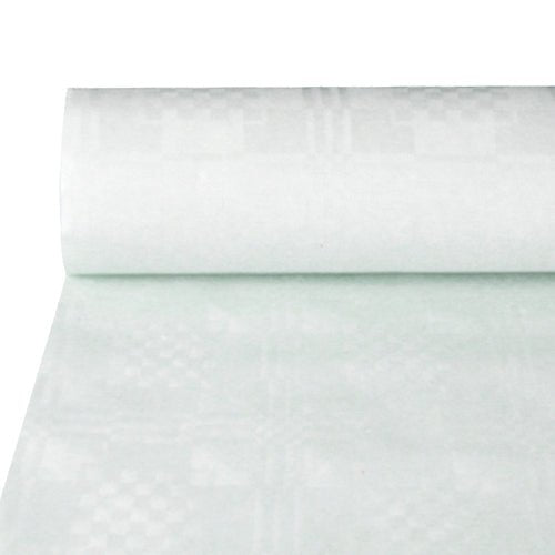 Yksi rooli PAPSTAR paperipöytäliina damastikuvio, valkoinen, 50 m x 1,2 m (kalvo), PAPSTAR GmbH:ltä, osittain litteäksi levitettynä.