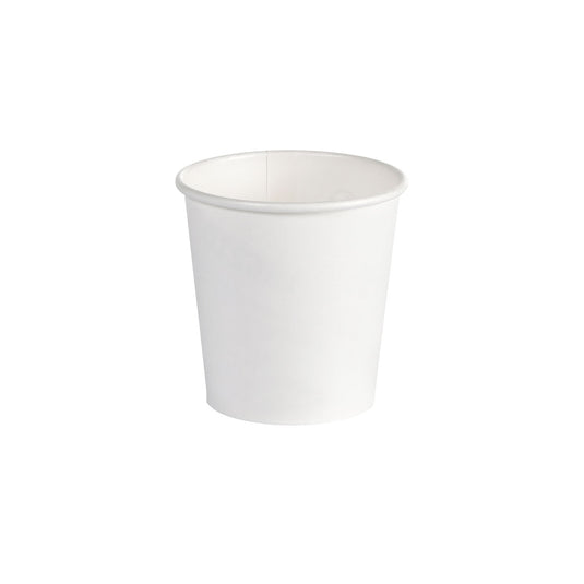 Valkoinen PAP/PLA-kahvikuppi Duni GmbH:ltä, jonka tilavuus on 120 ml, on keskitettynä valkoiselle taustalle; pakkauksessa on 45 kappaletta.