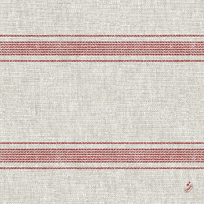 Die Duni GmbH Klassikservietten 40 x 40 cm haben ein beigefarbenes Webmuster, zwei parallele rote Querstreifen und eine kleine rote Stickerei in der rechten unteren Ecke. Das Muster ist einfach und symmetrisch.