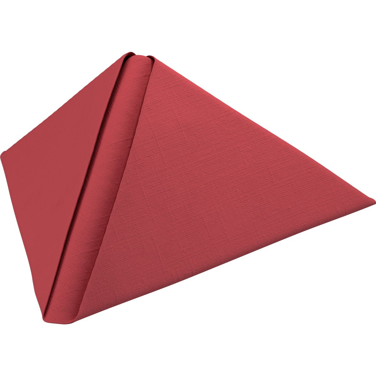 Punainen Duni GmbH:n Dunilin-lautasliina 40 x 40 cm 1/4 taitto on taitettu kolmionmuotoiseen, pyramidimaiseen muotoon valkoisella taustalla ja esittelee korkealaatuisen kankaansa hienovaraisella rakennekuviolla.