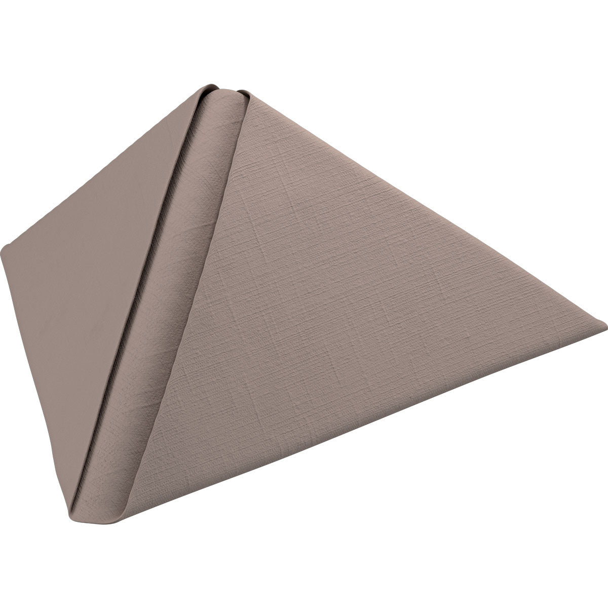 Duni GmbH:n Dunilin-lautasliina 40 x 40 cm 1/4 taitto, siististi taitettu pyramidiksi, esitetään yksinkertaisella valkoisella taustalla eleganttia esitystä varten.