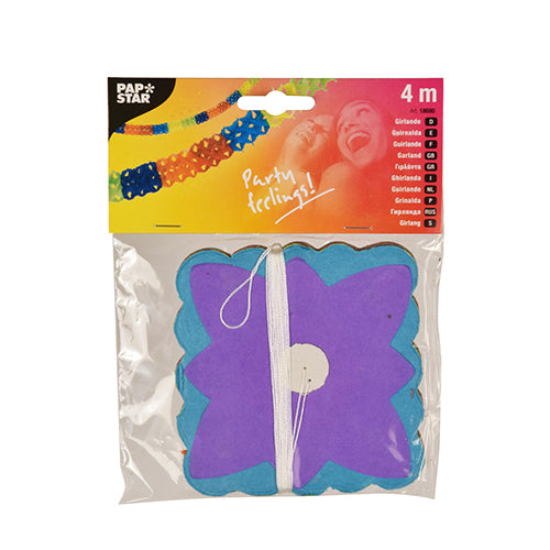 PAPSTAR Paperinen seppele (Ø 11,5 cm, 4 m) PAPSTAR GmbH:ltä on juhlava koriste kirkkaassa muovipussissa. Pakkaus esittää juhlivia ihmisiä ja korostaa kirkkaan värikästä muotoilua ja 4 metrin pituutta.