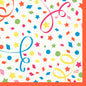 Der Auslaufartikel: Zelltuchservietten 33 x 33 cm 3lagig 1/4 Falz Konfetti von Duni GmbH zeigt ein festliches Konfetti-Design mit bunten Sternen und Luftschlangen auf weißem Grund mit orangem Rand. Erhältlich in einer Packung mit 50 Stück.