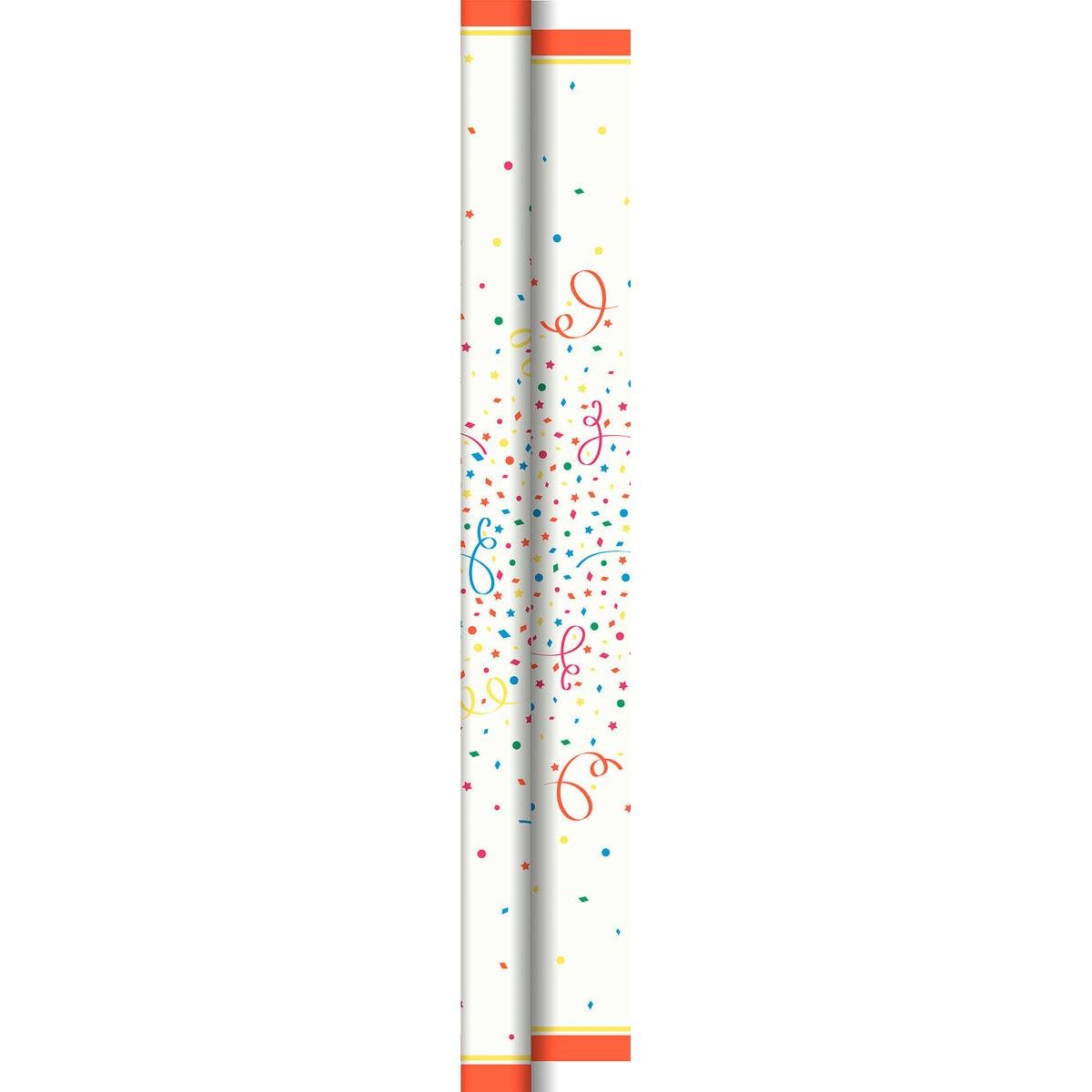 Pystysuora kuvaus Duni GmbH:n Dunicel-pöytäliinarullista 1,18 m x 40 m "Confetti", joissa on värikästä konfettia ja serpentiiniä valkoisella pohjalla, oranssit reunat ylhäällä ja alhaalla, sekä värikkäitä pisteitä, tähtiä ja kiemuroita juhlavaa ilmettä varten.