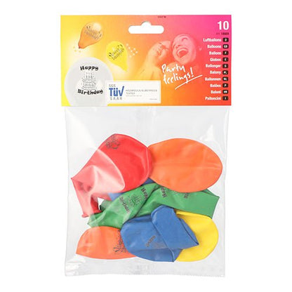 Läpinäkyvä muovipakkaus PAPSTAR GmbH:lta, sisältää 10 värikästä "Hyvää syntymäpäivää" ilmapalloa (Ø 22 cm). Pussissa lukee "Party feeling!!!", ilmapallografiikka ja määrä (10) - täydellinen syntymäpäiväkoristeeksi.