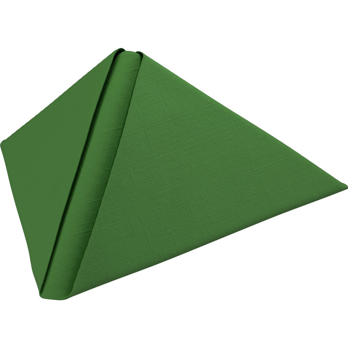 Vihreä Duni GmbH:n Dunilin-lautasliina 40 x 40 cm 1/4 taitto on taitettu kolmionmuotoiseksi pyramidiksi ja esitetty valkoisella taustalla.