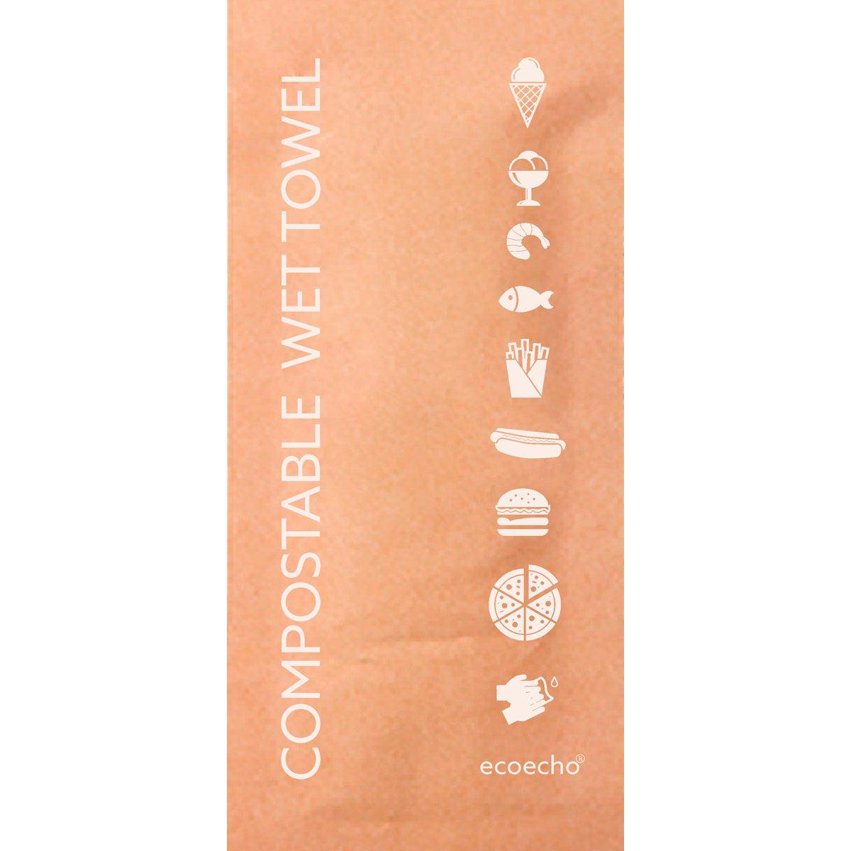 Eine braune Packung mit der Aufschrift "Erfrischungstuch 60x130 mm, kompostierbar" der Duni GmbH, mit weißen Lebensmittelsymbolen und dem "ecoecho"-Logo. Diese umweltfreundliche Packung (250 Stück) ist ideal für umweltbewusste Erfrischung.