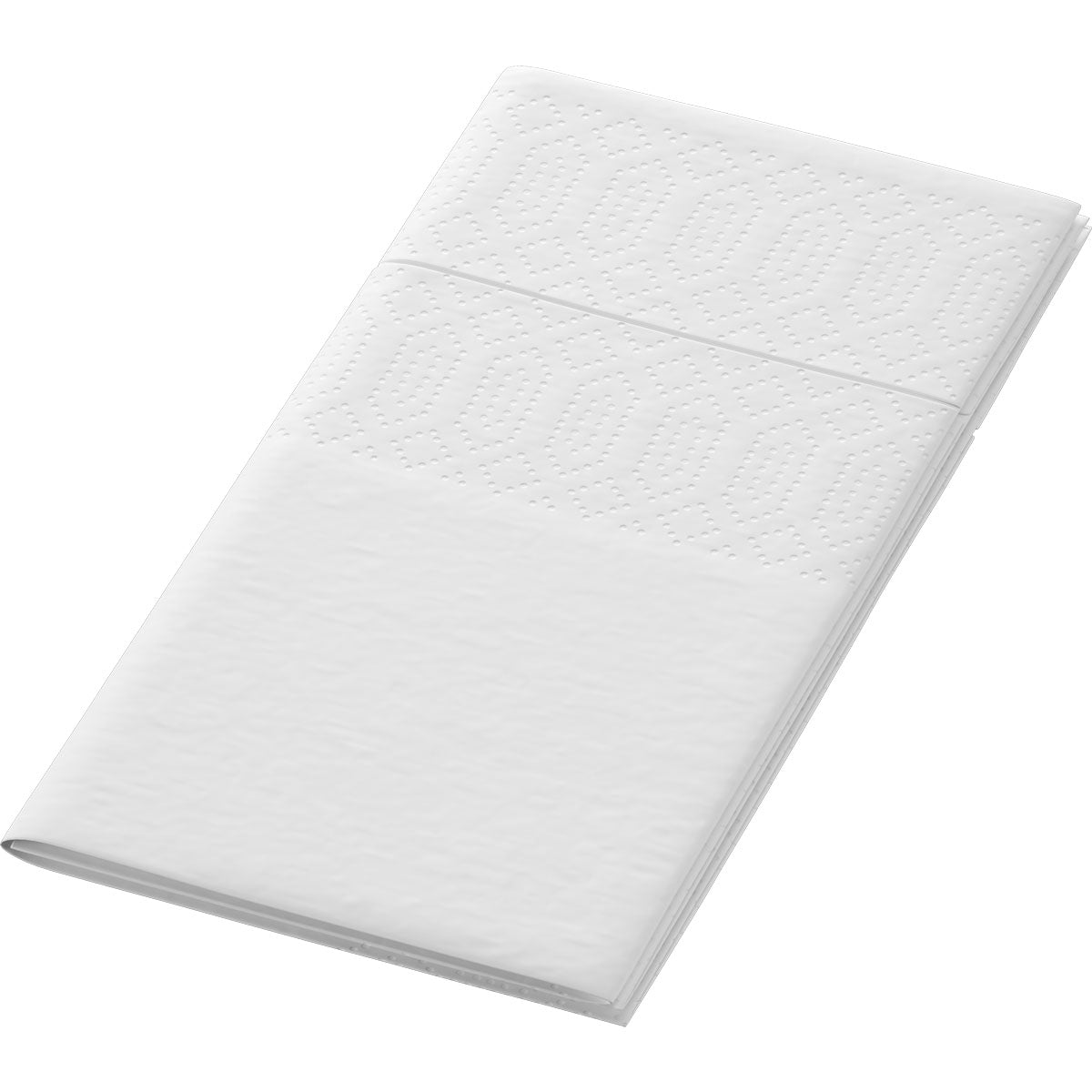 Pakkaus, joka sisältää 250 valkoista Duni GmbH:n 33x33 cm, 3-kerroksista, 1/8 KF lautasliinaa, on varustettu hienovaraisella kohokuvioinnilla ja esitetään yksivärisellä taustalla.