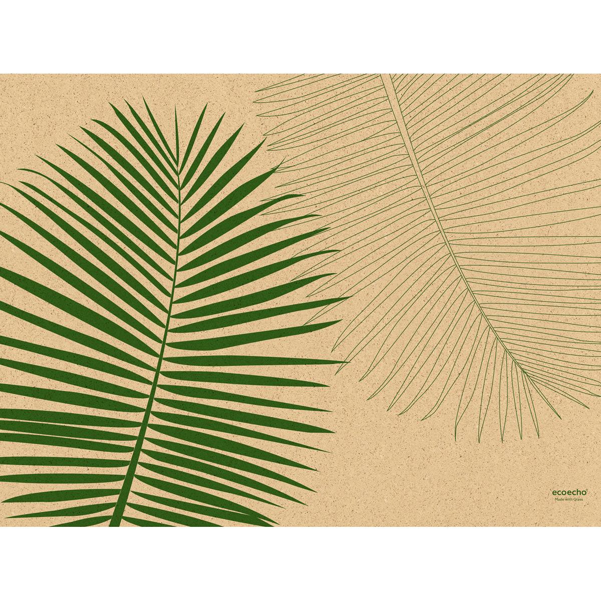 Kaksi palmulehteä beigellä taustalla koristavat Duni GmbH:n paperista pöytätablettia (30x40 cm) - ihanteellinen juhliin. Pakkauksessa on 250 kappaletta; "ecoecho" lukee oikeassa alakulmassa.