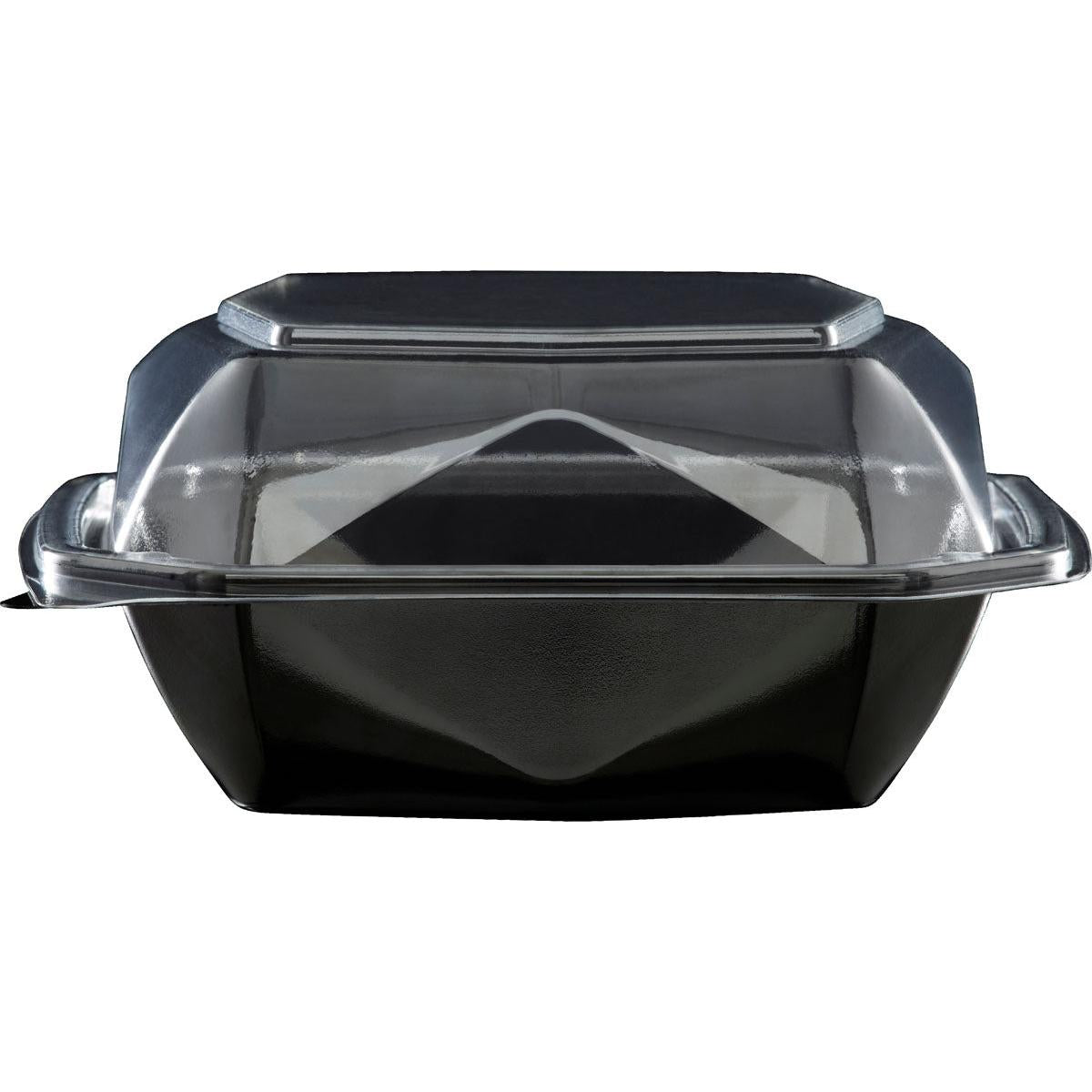 Duni GmbH:n Octaview® S -elintarvikeastia (APET 150x150x70, Musta/Läpinäkyvä) on kuvattu suljettuna ja tyhjänä, mustalla pohjalla ja kirkkaalla saranoidulla kannella sisällön hyvän näkyvyyden takaamiseksi. Pakkauskoko: 400 kappaletta.