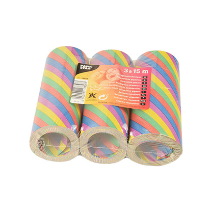 Kolme rullaa PAPSTAR 3 jättipaperinauhaa (15 m, paloa hidastava) PAPSTAR GmbH:ltä, värikkäillä vinoraidoilla ja muovipakkauksessa oranssilla etiketillä – ihanteellinen juhlakoristeluun.
