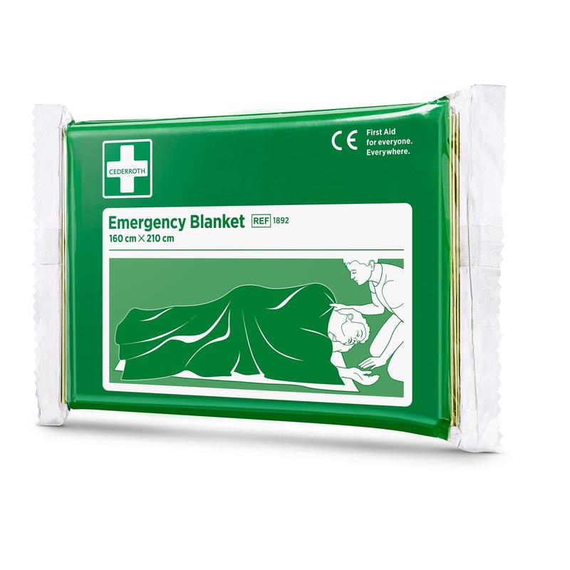 Vihreä-valkoinen pakattu Cederroth-hätäpeite (1 kpl) Orkla Wound Care AB:lta, 160 x 210 cm, jossa on kuva henkilöstä, joka peittää toisen - välttämätön jokaisessa ensiapuvälineistössä.