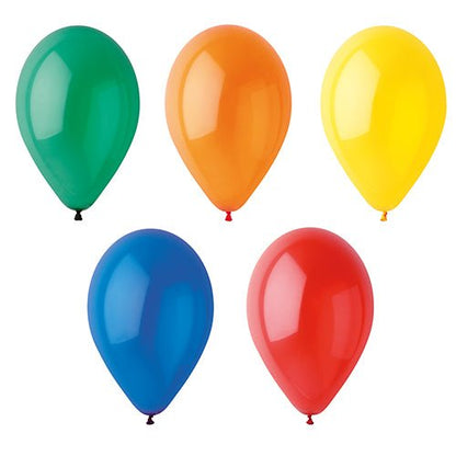 Viisi PAPSTAR 10 ilmapalloa Ø 25 cm värilajitelma PAPSTAR GmbH:lta on kuvattu väreissä vihreä, oranssi, keltainen (ylärivi) sekä sininen ja punainen (alarivi) yksinkertaisella valkoisella taustalla.