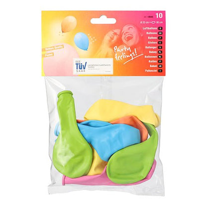 PAPSTAR GmbH:n kirkas pakkaus sisältää 10 värilajiteltua ilmapalloa (Ø 25 cm). Etiketissä on värikkäitä palloja, tuotetietoja, iskulause „Juhlatunnelma!“ ja se korostaa korkealaatuista materiaalilaatua.