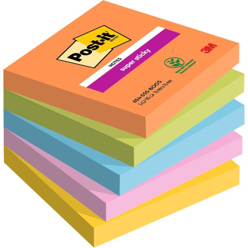 Pino kuusi 76x76 mm kokoista Post-it® Super Sticky Notes -muistilappua, 90 arkkia per lohko, väreissä oranssi, vihreä, sininen, keltainen, pinkki ja violetti 3M Deutschland GmbH:lta; jokainen lohko on 100 % PEFC-sertifioitu.