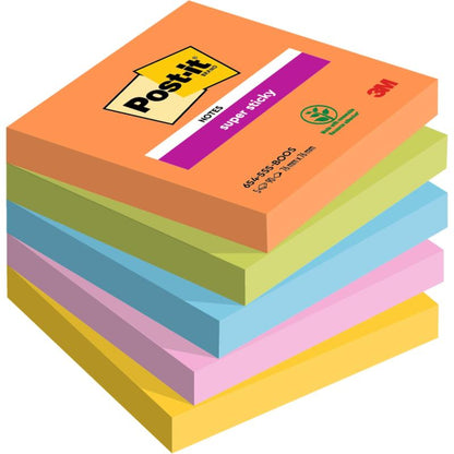 Pino kuusi 76x76 mm kokoista Post-it® Super Sticky Notes -muistilappua, 90 arkkia per lohko, väreissä oranssi, vihreä, sininen, keltainen, pinkki ja violetti 3M Deutschland GmbH:lta; jokainen lohko on 100 % PEFC-sertifioitu.