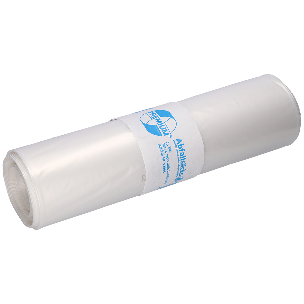 Eine Rolle EMIL DEISS KG (GmbH + Co.) DEISS 19005 transparente Müllsäcke (700x1100x0,07 mm, 25 Stück) mit weißem und blauem Etikett, abgebildet auf einem einfarbig weißen Hintergrund.