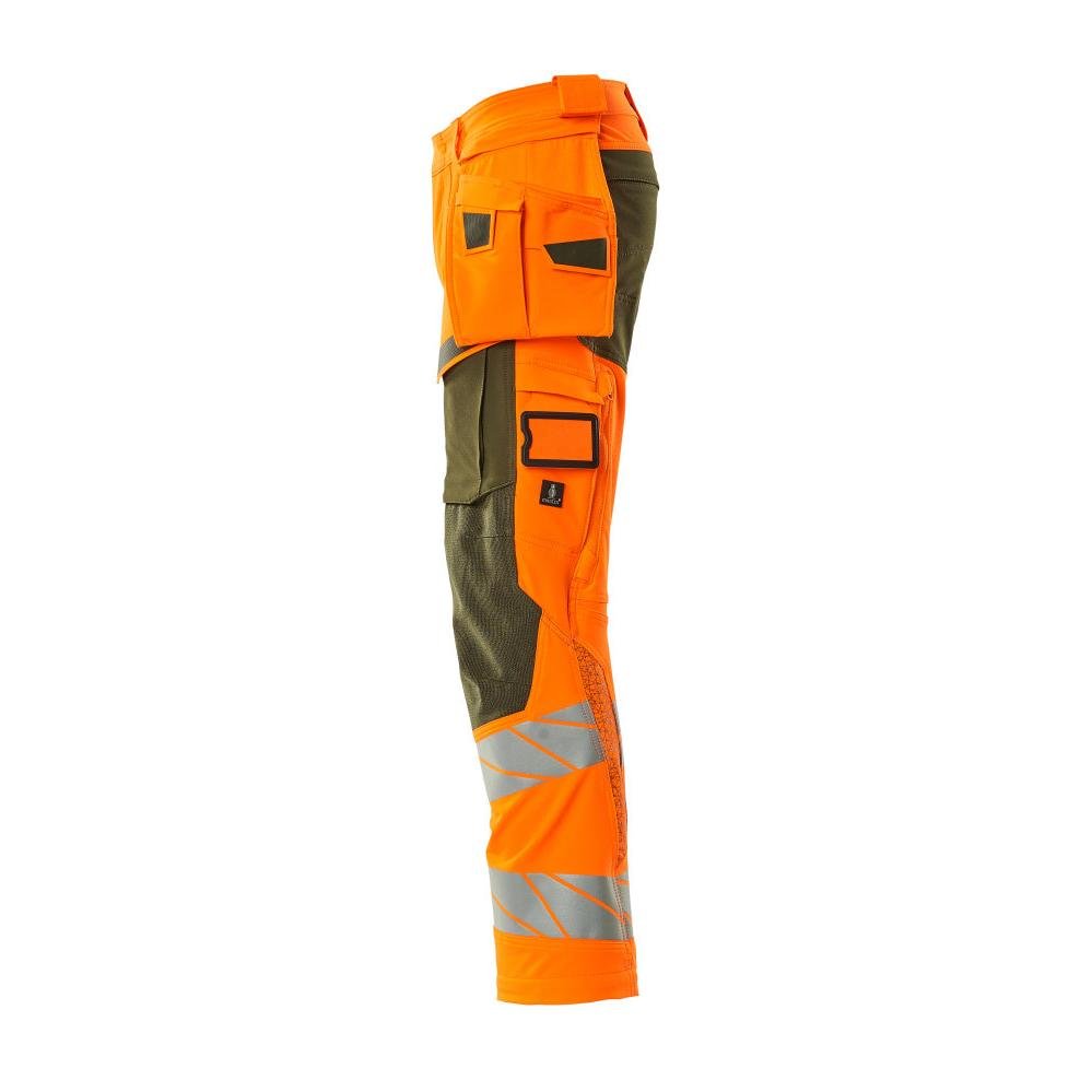 Housut riipputaskuilla, ULTIMATE STRETCH -housut, hi-vis oranssi/sammaleenvihreä