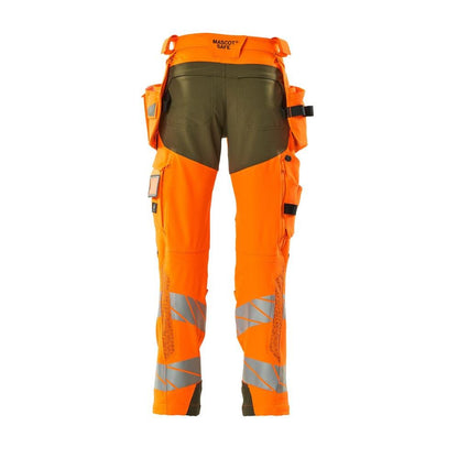 Housut riipputaskuilla, ULTIMATE STRETCH -housut, hi-vis oranssi/sammaleenvihreä