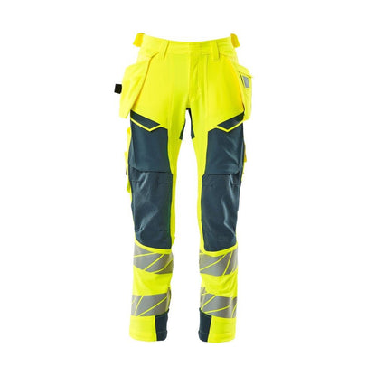 Housut riipputaskuilla, ULTIMATE STRETCH -housut, hi-vis keltainen/tumma petrooleumi