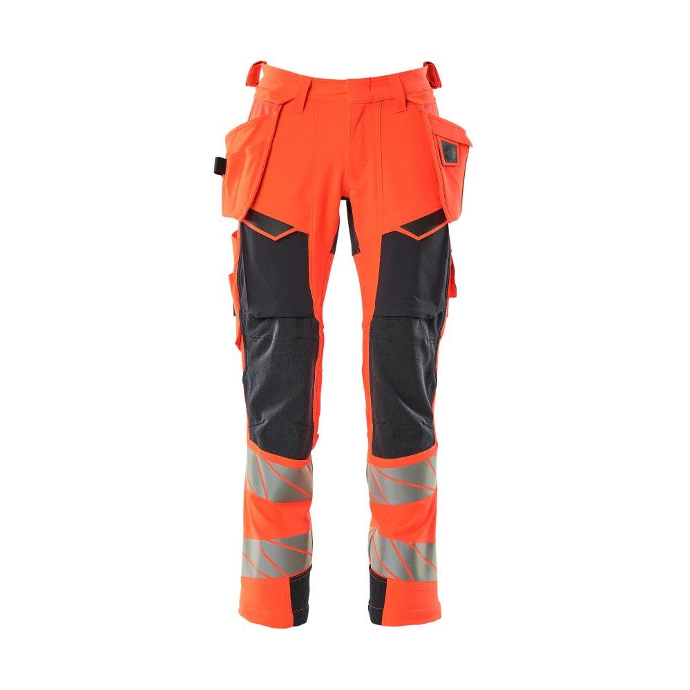 Housut riipputaskuilla, ULTIMATE STRETCH -housut, Hi-vis punainen/musta-sininen
