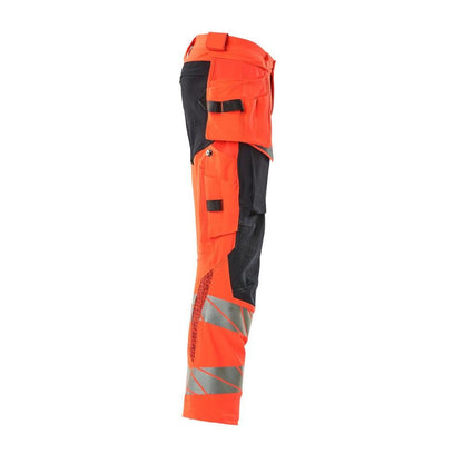 Housut riipputaskuilla, ULTIMATE STRETCH -housut, Hi-vis punainen/musta-sininen