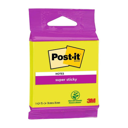 Yksi pakkaus Post-it® Super Sticky Notes 6820S3 (76 x 76 mm, neonvihreä, neonpinkki, ultrakeltainen, ultravihreä, ultrapinkki), 1 paketti 75 arkkia 3M Deutschland GmbH:lta. Valmistettu 100% PEFC-sertifioidusta paperista.