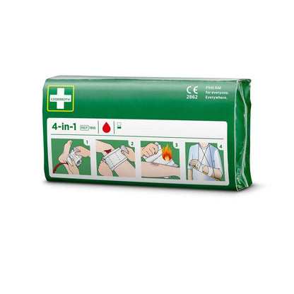 Eine grüne "Cederroth 4-in-1 blutstopper | Packung (1 Stück)" von Orkla Wound Care AB zeigt vier Schritte: das Verbinden einer Gliedmaße, das Wickeln, das Stoppen von Handblutungen und das Anlegen einer Schlinge. Die Marke Cederroth ist auf der Verpackung zu sehen.