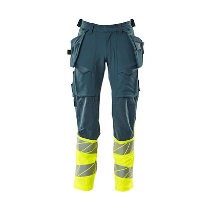 Housut riipputaskuilla, ULTIMATE STRETCH -housut, tumma petroleum/hi-vis keltainen