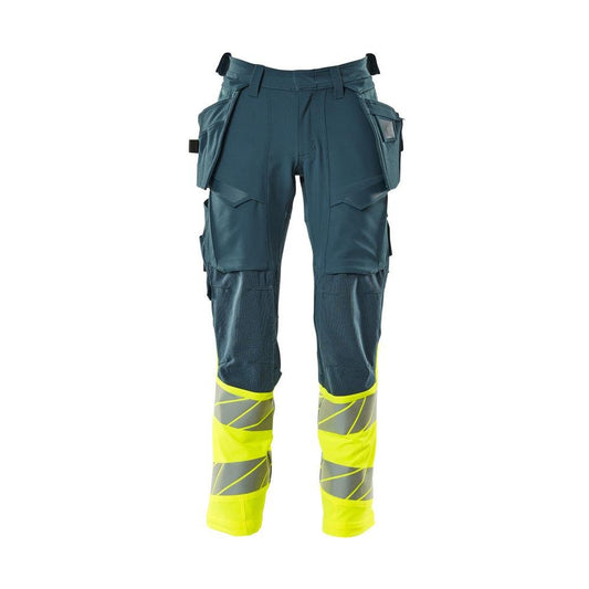 Housut riipputaskuilla, ULTIMATE STRETCH -housut, tumma petroleum/hi-vis keltainen