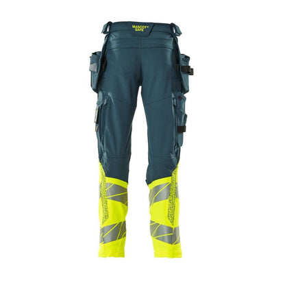 Housut riipputaskuilla, ULTIMATE STRETCH -housut, tumma petroleum/hi-vis keltainen
