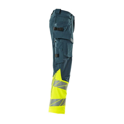 Housut riipputaskuilla, ULTIMATE STRETCH -housut, tumma petroleum/hi-vis keltainen