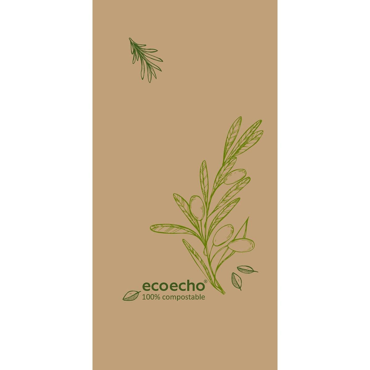 Selluliinaservetit 40 x 40 cm, 3-kerroksinen, 1/8 pään taitto Veggies Duni GmbH:lta: Beige vihreillä oliivinoksilla, teksti "eco echo 100% kompostoitava." Pakkaus, jossa 250 kappaletta.