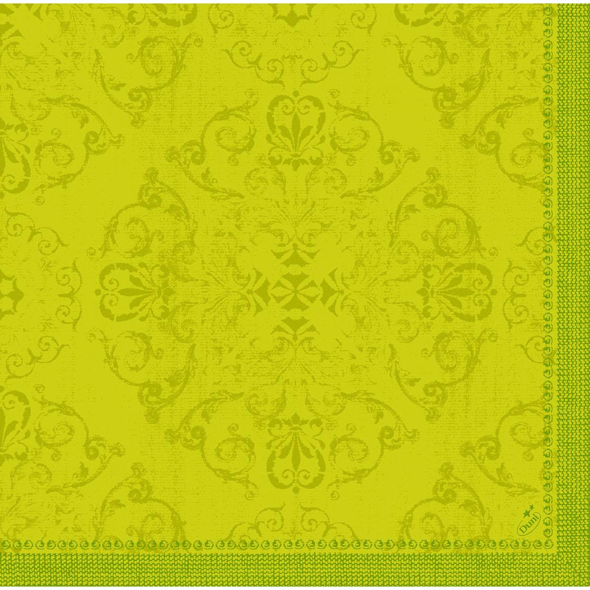 Duni GmbH:n Dunilin-lautasliinat 40 x 40 cm 1/4 taitto on varustettu taidokkaalla kelta-vihreällä damastikuviolla ja koristeellisella reunuksella oikealla ja alhaalla, ja ne tuovat eleganssia mihin tahansa katettuun pöytään.
