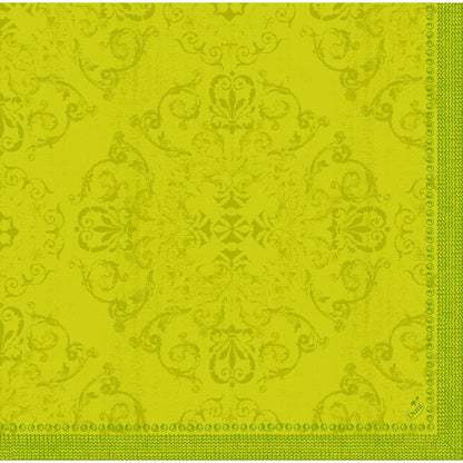 Duni GmbH:n Dunilin-lautasliinat 40 x 40 cm 1/4 taitto on varustettu taidokkaalla kelta-vihreällä damastikuviolla ja koristeellisella reunuksella oikealla ja alhaalla, ja ne tuovat eleganssia mihin tahansa katettuun pöytään.