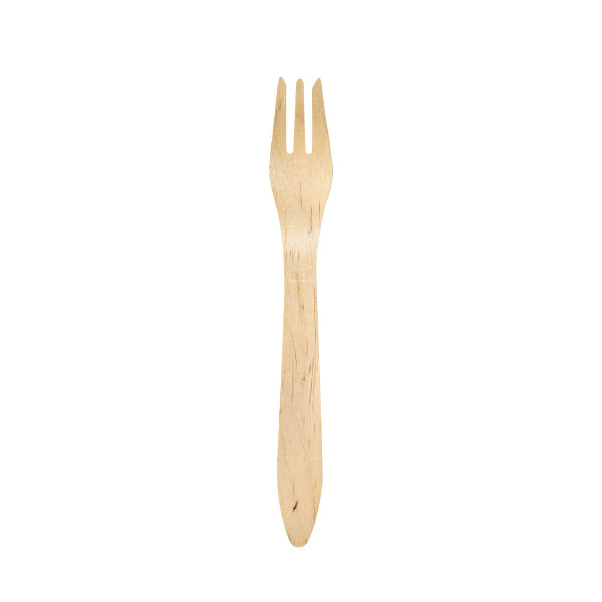 Yksi yksittäinen Duni GmbH -haarukka, 190 mm, vahattu puu, seisoo pystyssä valkoisella taustalla - minimalistinen esimerkki kestävästä kertakäyttöaterimesta (pakkaus: 100 kappaletta).
