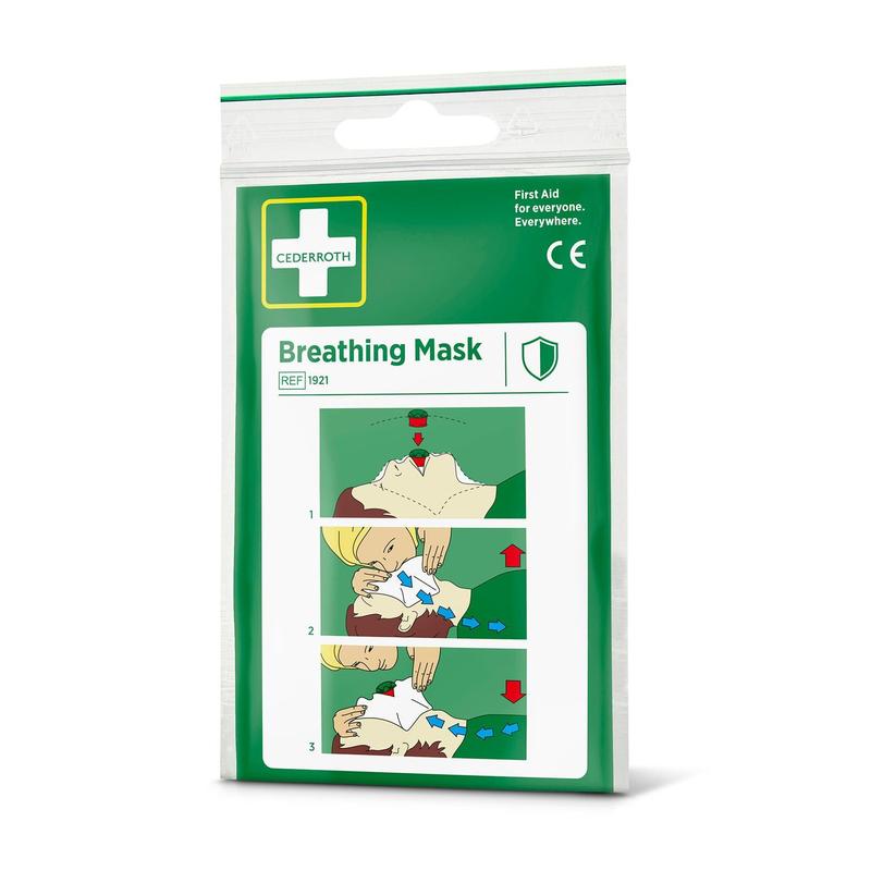 Die Cederroth Atemmaske (1 Stück) von Orkla Wound Care AB wird in einer weiß-grünen Verpackung mit medizinischen Symbolen und illustrierten HLW-Anweisungen geliefert, die die sichere Anwendung der Wiederbelebung demonstrieren und Schutz vor Staub bieten.