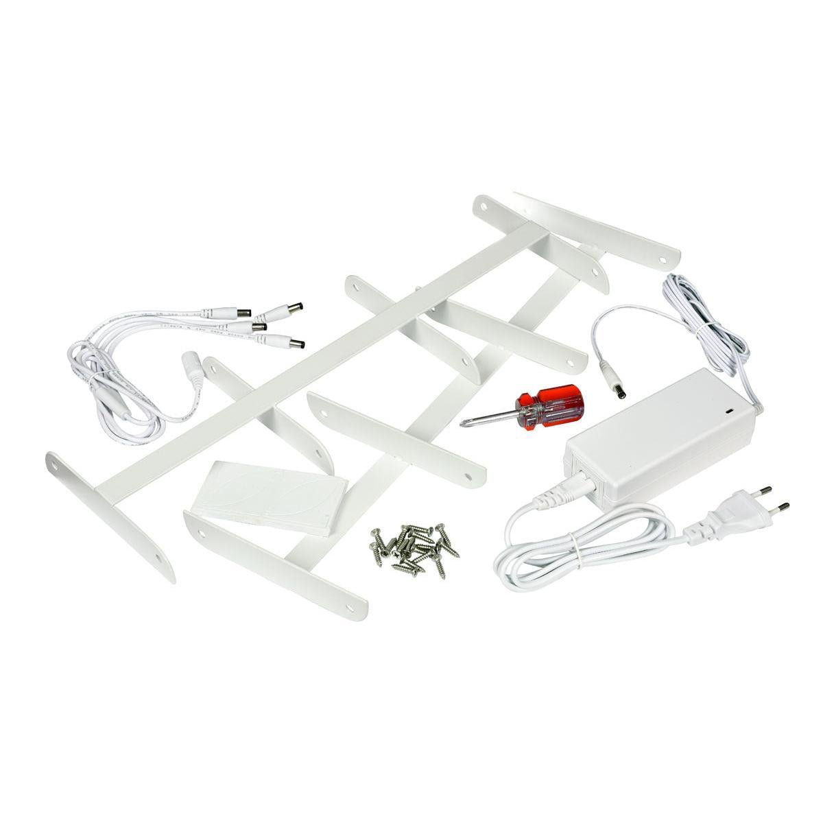 Duni GmbH:n LED-latausasema 4 setille - Minilamppu tehokkaalla valaistuksella (1 kappale) sisältäen pidikkeen, ruuvit, kaapelit, virtalähteen ja asennusmateriaalin, esittelee tilaa säästävän muotoilun valkoisella taustalla.