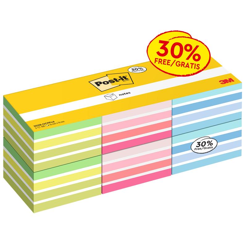 Yksi pakkaus Post-it® Notes -kuutioita, 76x76 mm, 450 arkkia/lohko, värilajiteltu (6 lohkoa), 3M Deutschland GmbH:lta - ihanteellinen muistiinpanoihin toimistossa. PEFC-sertifioitu (SGSCH-PEFC-COC-110078).