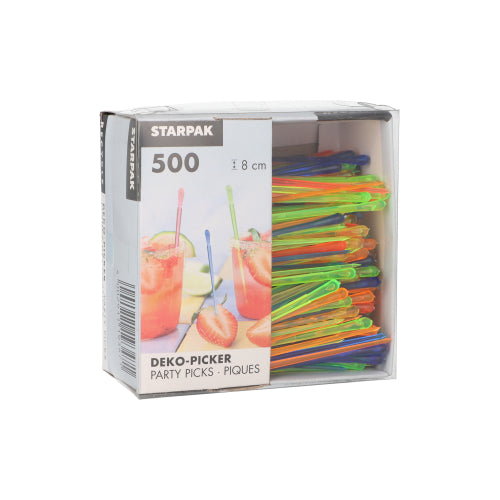 Laatikko "PAPSTAR koristepiikki 'Drop' 8 cm, värilajitelma juhliin" PAPSTAR GmbH:lta sisältää 500 värikästä juhliin tarkoitettua piikkiä pahvialustalla - ihanteellinen juomien ja sormiruokien koristeluun kaikissa juhlissa.