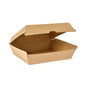 Eine BioPak Clam Box Dinner Braun Karton FSC 178x160x75 von Duni GmbH ist offen mit angehobenem Deckel auf weißem Hintergrund zu sehen. Die leere FSC-zertifizierte Box betont ihre Funktion als nachhaltige Verpackung.