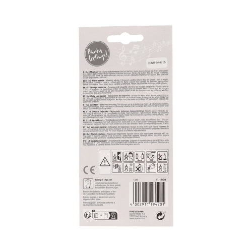 Auf der Rückseite der Verpackung der PAPSTAR Musikkerze "Happy Birthday" 12 cm, bunt mit Ersatzkerzen (Blister, 1 Stück) befinden sich Sicherheitshinweise, eine mehrsprachige Anleitung, Warn- und Recyclingsymbole, ein Barcode und eine PAPSTAR GmbH-Information in schwarz auf weiß.