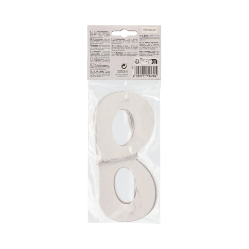 Pakkaus hopeanvärisiä metallisia numeroleikkeitä on suljettu läpinäkyvään muovipussiin, jossa on pahvikansi, samanlainen kuin PAPSTAR GmbH -kasvomaskit "Metallinen" värilajitelma, pussi (6 kappaletta), ja sisältää tuotetietoja ja viivakoodin.