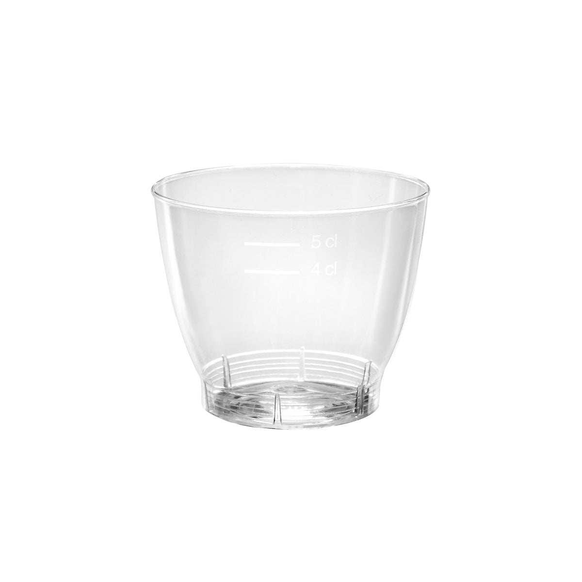 Duni GmbH:n Crystallo 65 ml:n annoslasi läpinäkyvästä PLA:sta on kuvattu valkoisella taustalla merkinnöillä 4 cl ja 5 cl. Pakkauksessa on 40 kappaletta.